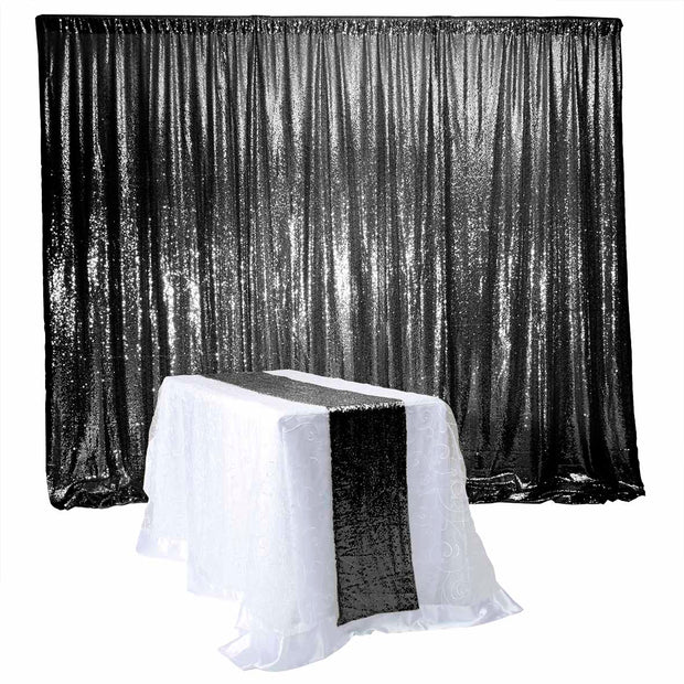Black Sequin Backdrop Curtain 3m x 1.25m With Matching Black Sequin Runner