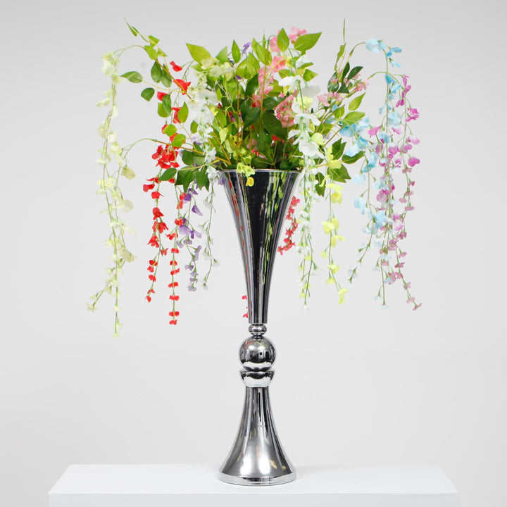 Trumpet Centrepiece Vase - Silver (70cm Tall) WITH FLOWERS