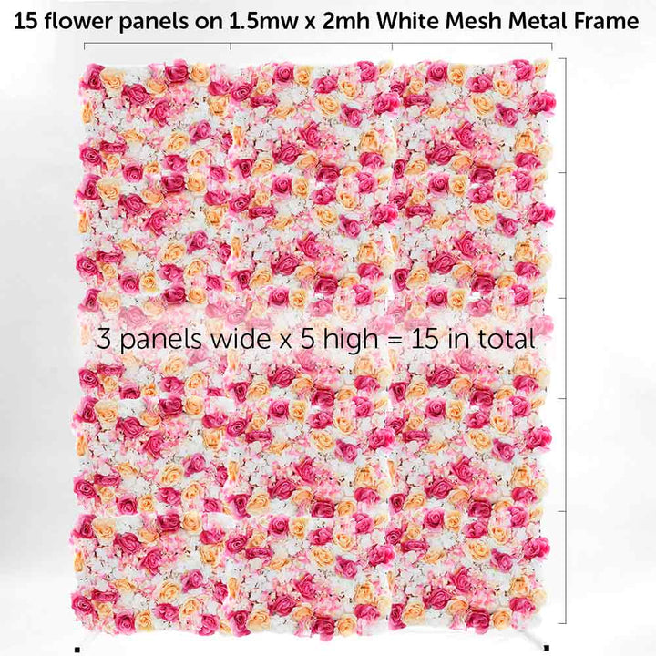 pink flower wall on white mesh frame 1.5 x 2m high. there are 15 flower wall panels needed to cover the frame