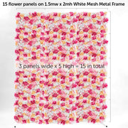 pink flower wall on white mesh frame 1.5 x 2m high. there are 15 flower wall panels needed to cover the frame
