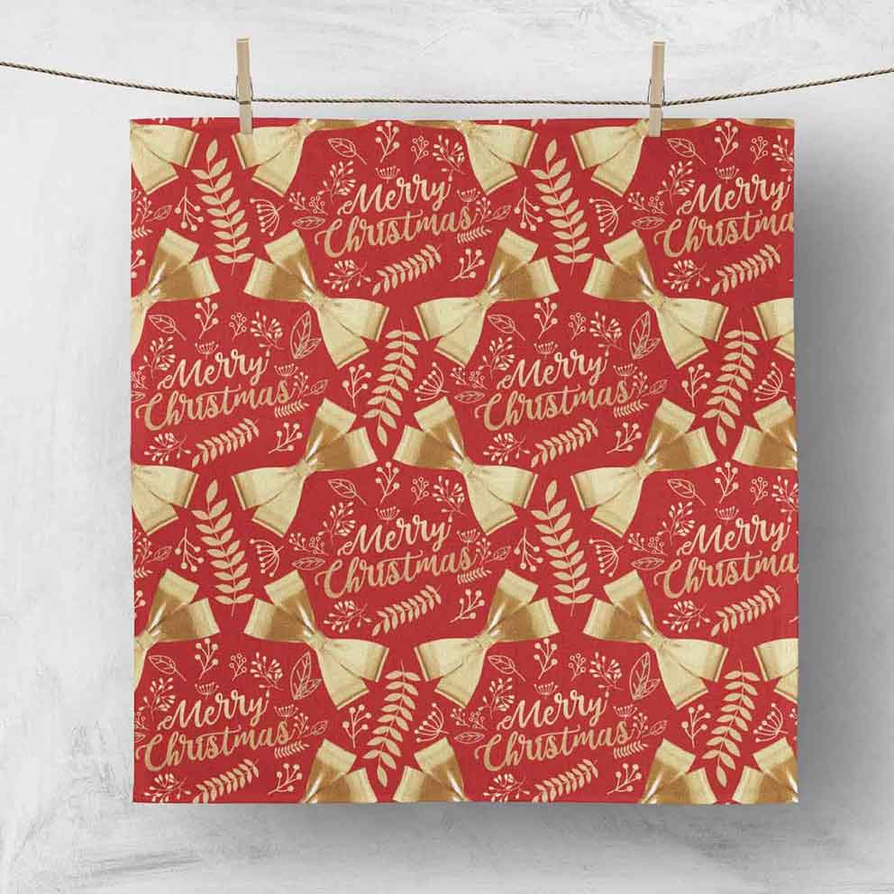 CLEARANCE Christmas Napkins - Merry Christmas Gold Bows on Red (50x50cm)