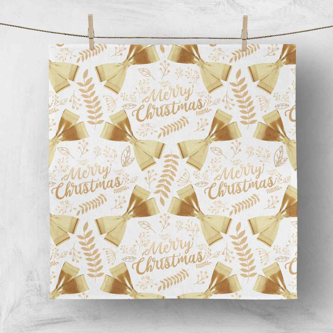 CLEARANCE Christmas Napkins - Merry Christmas Gold Bows on White (50x50cm)