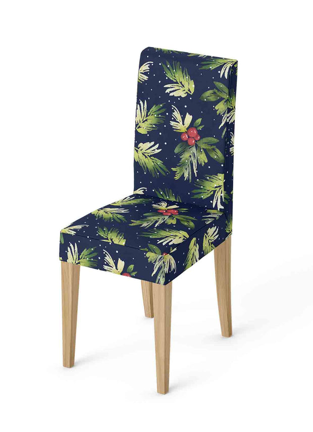 Navy lycra chair topper with green holly leaves, red berries and white small dots