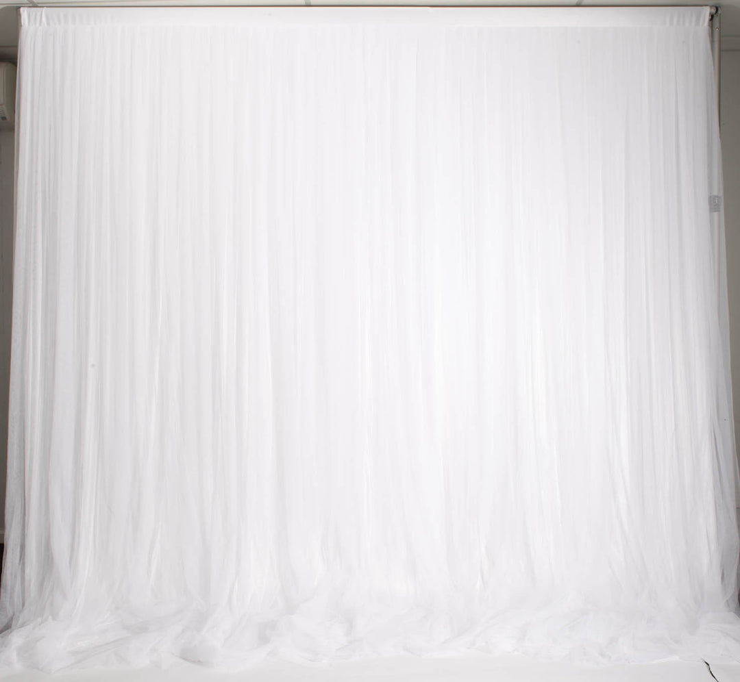 White Ruffle Tulle Backdrop Curtain with Satin Silk Backing 3mx3m Ties Removed