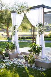 White Chiffon Backdrop Curtain 3mx3m with Centre Split and Ties In Setting