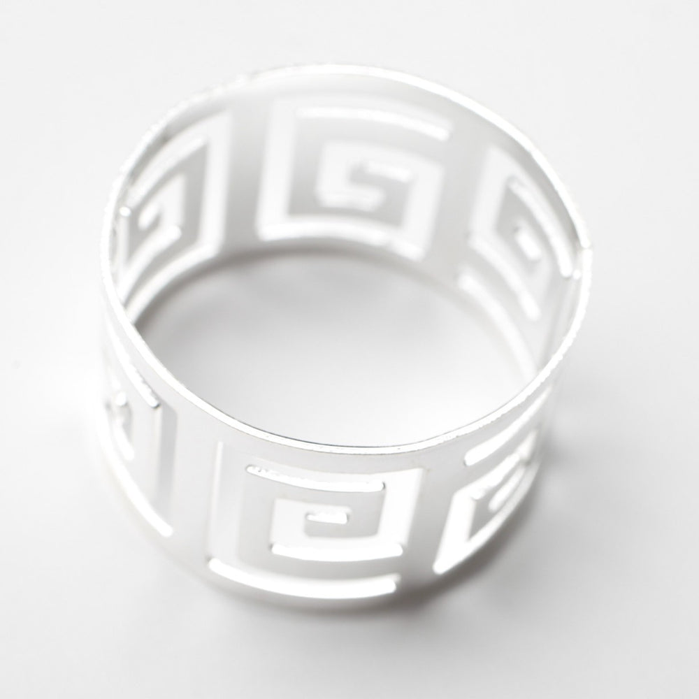 Silver Napkin Ring - Geometric Luxe Meander. Without Napkin, Side