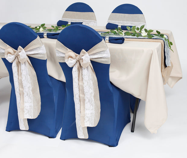 Classic Blue Navy linen hessian and lace table setting