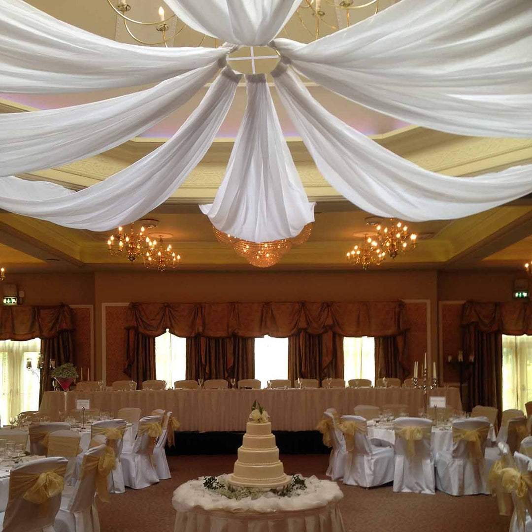 8 White Ceiling Drapes (Ice Silk Satin) with White Cross Centre Ring - Bridal Package