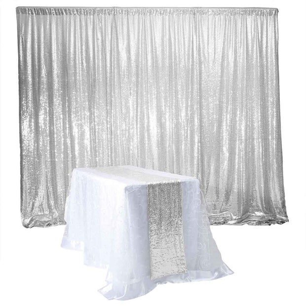 Silver Sequin Backdrop Curtain 3m x 1.25m With Matching Table Runner (not included)