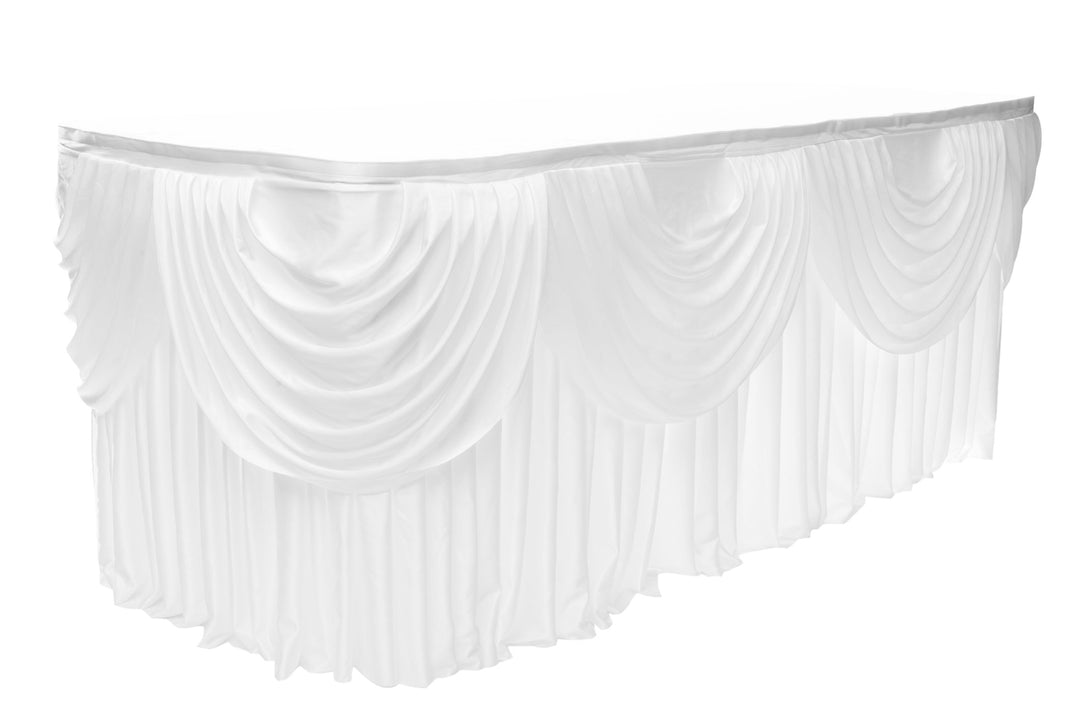 White Ice Silk Satin Table Skirting (4m) + BONUS Clips